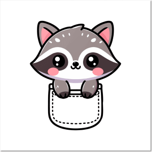 Cute Kawaii Raccoon In A Pocket Posters and Art